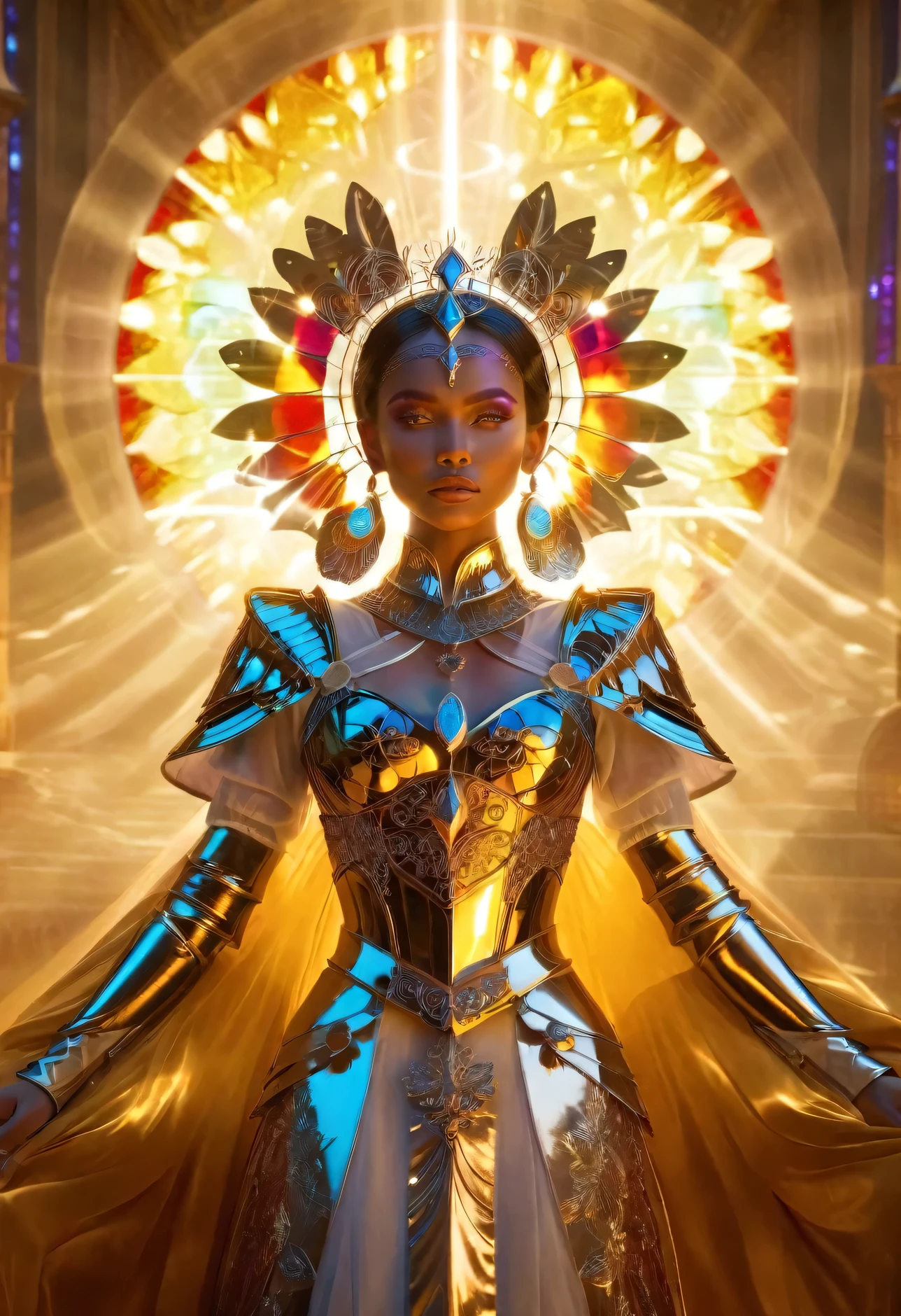 fantasy queen, intricate armor, elaborate headpiece, radiant background, stained glass style, divine presence, ethereal beauty, vibrant colors, symmetrical design, powerful aura
