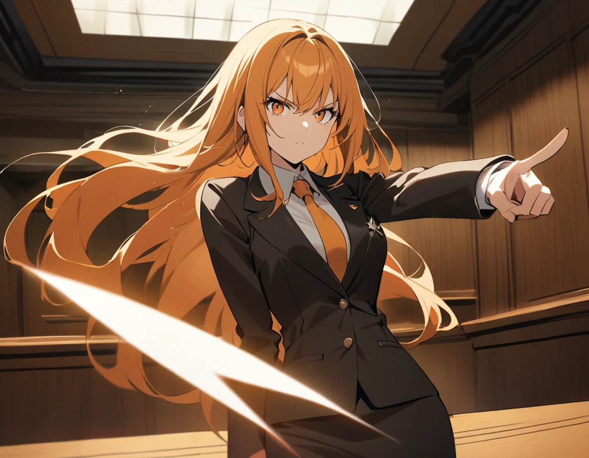1lady,orange blonde hair,long_hair,orange_eyes, (serious:0.5),business suit,pencil skirt,jacket ,lapel pin ,courtroom,Pointing with one hand