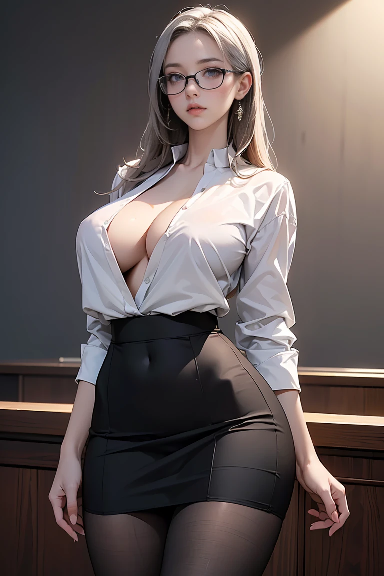 ((Masterpiece, top quality, high resolution, highly detailed CG unified 8K wallpaper)), (huge stunning goddess shot, very hot and sexy, jaw-dropping beauty, perfect proportions, beautiful body, slim body beauty:1.3), A female lawyer persuades a judge in court, wearing black suit and tight skirt, tights and silver rimmed glasses, view from below,