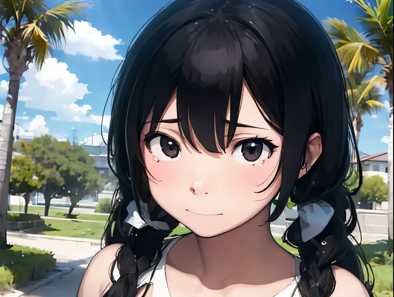 Sunburned skin、tears、sad、Black Hair、White Bikini Swimsuit、Palm Tree、beach、Spiteful eyes、、Black Hair、Blunt bangs、、 hatsune miku,1 girl, 2D CG, Advanced Digital Animation Art, Anime characters