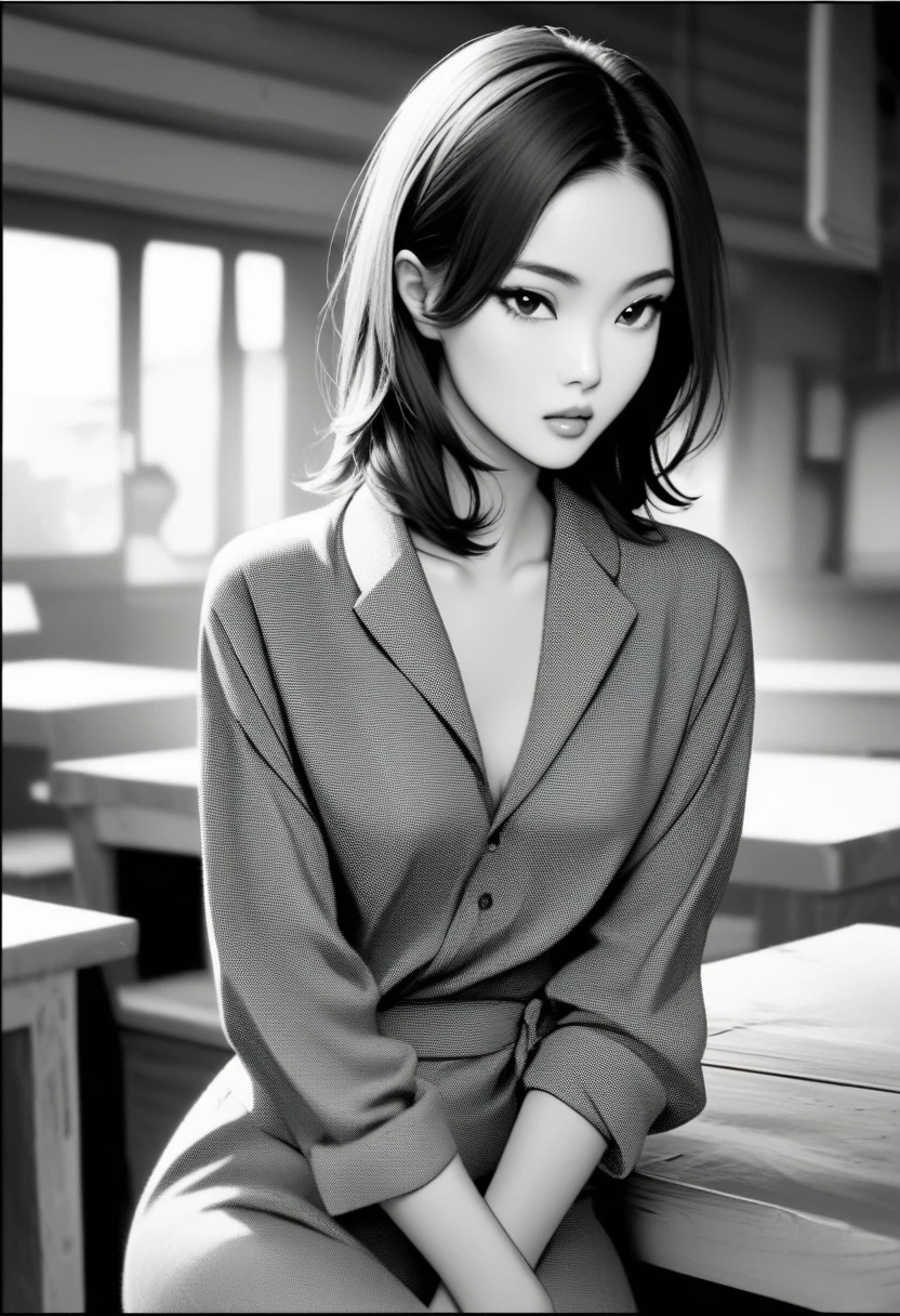 Black and white photo of a beautiful Thai woman ,style of Richard Avedon