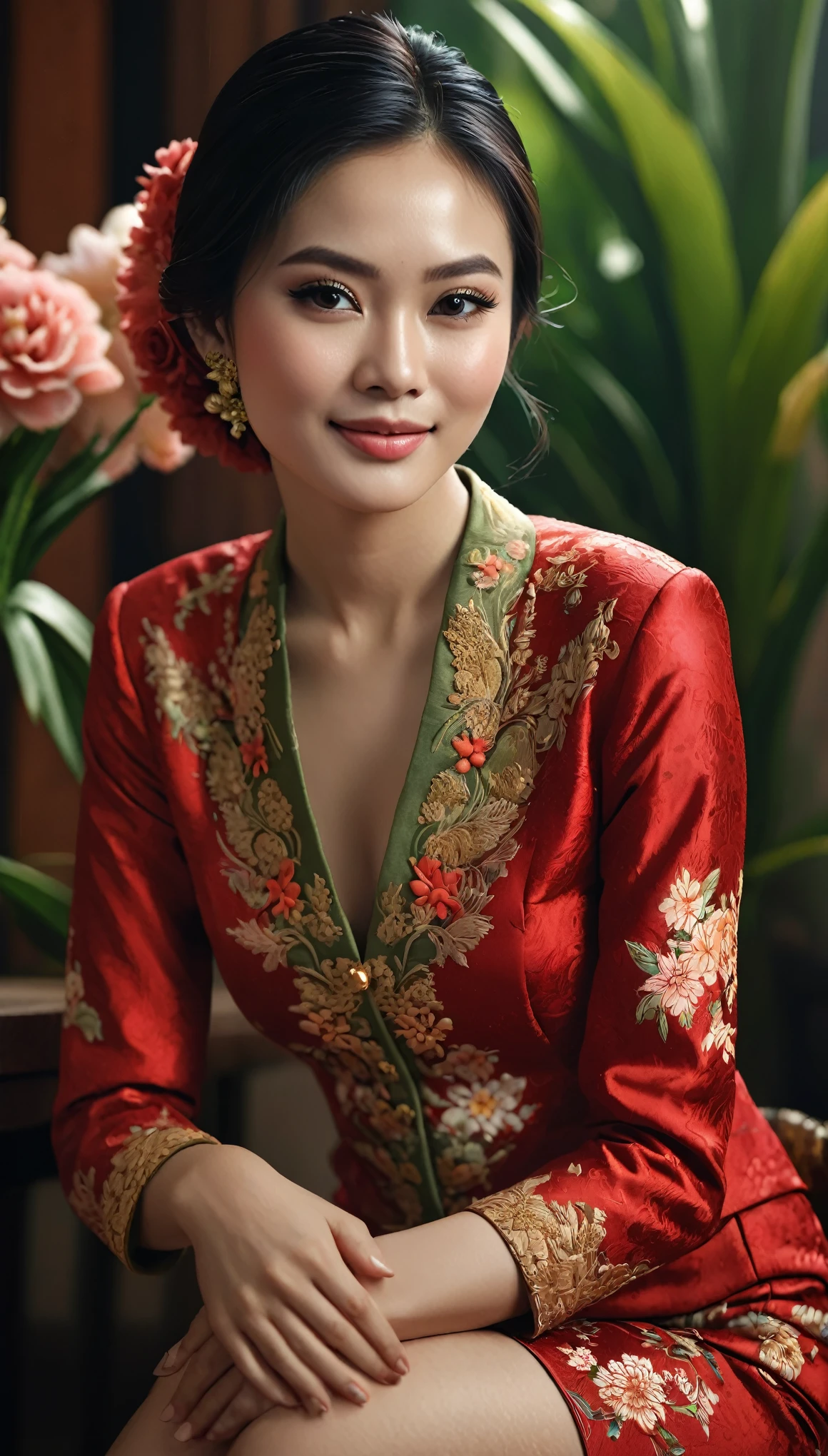 hyper ultra realistic photography, hyper ultra maximalism, sharp, focused and very detailed. 1girl, red kebaya, indonesian style, beautiful, perfect, photo art, (flowers), stunning photo with beautiful saturation, very high resolution,(realistic:1.4)), deep shadows,(best quality, masterpiece), pale skin, lighting dim, shaded, confused, blush, highly detailed, thin, depth of field BREAK, film grain, wrinkled skin, looking at the viewer, knees, warm smile, (upper body), masterpiece, very realistic, 32k, 8k unity CG wallpaper very detailed, best quality