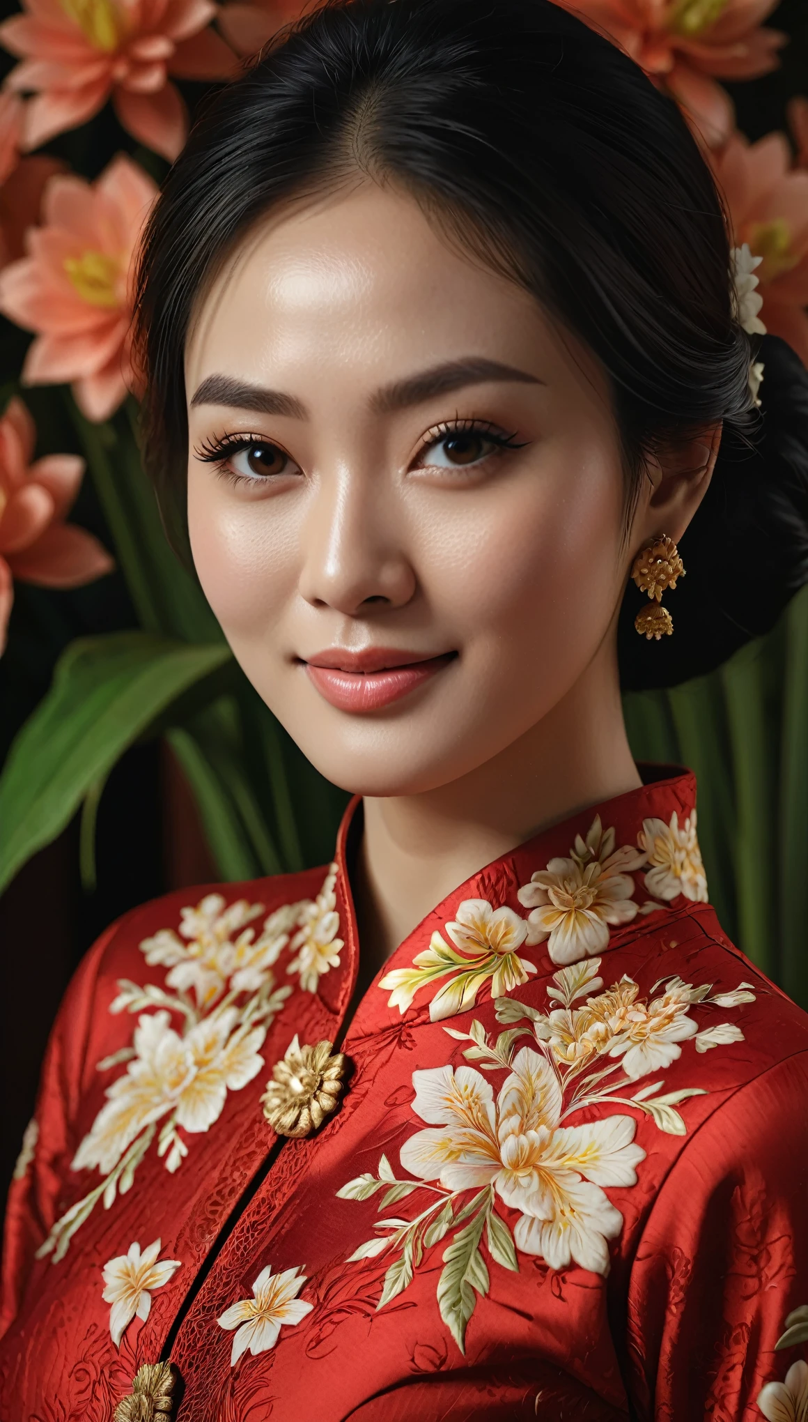 hyper ultra realistic photography, hyper ultra maximalism, sharp, focused and very detailed. 1girl, red kebaya, indonesian style, beautiful, perfect, photo art, (flowers), stunning photo with beautiful saturation, very high resolution,(realistic:1.4)), deep shadows,(best quality, masterpiece), pale skin, lighting dim, shaded, confused, blush, highly detailed, thin, depth of field BREAK, film grain, wrinkled skin, looking at the viewer, knees, warm smile, (upper body), masterpiece, very realistic, 32k, 8k unity CG wallpaper very detailed, best quality