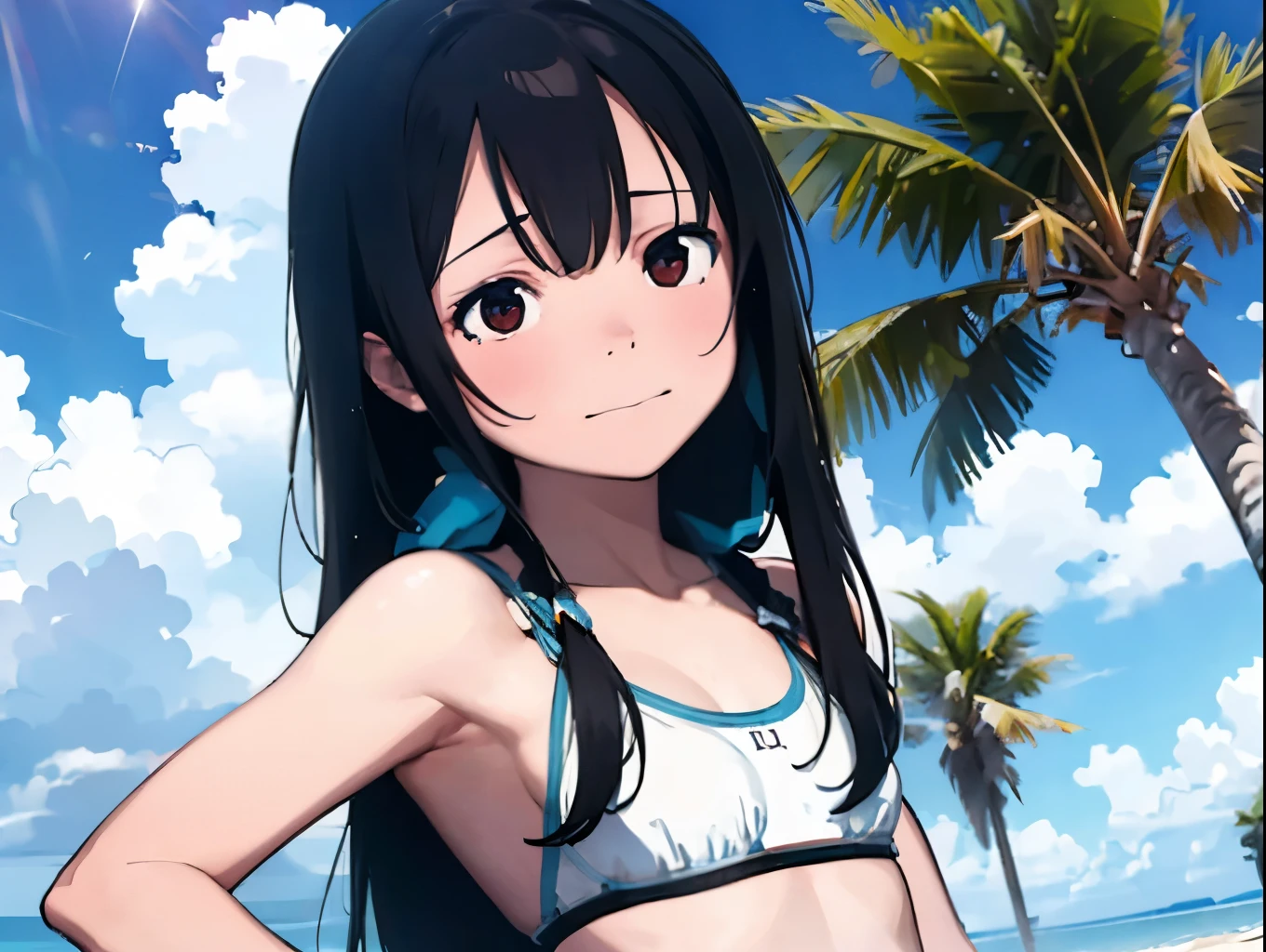 Sunburned skin、tears、sad、Black Hair、White Bikini Swimsuit、Palm Tree、beach、Spiteful eyes、、Black Hair、Blunt bangs、、 hatsune miku,1 girl, 2D CG, Advanced Digital Animation Art, Anime characters