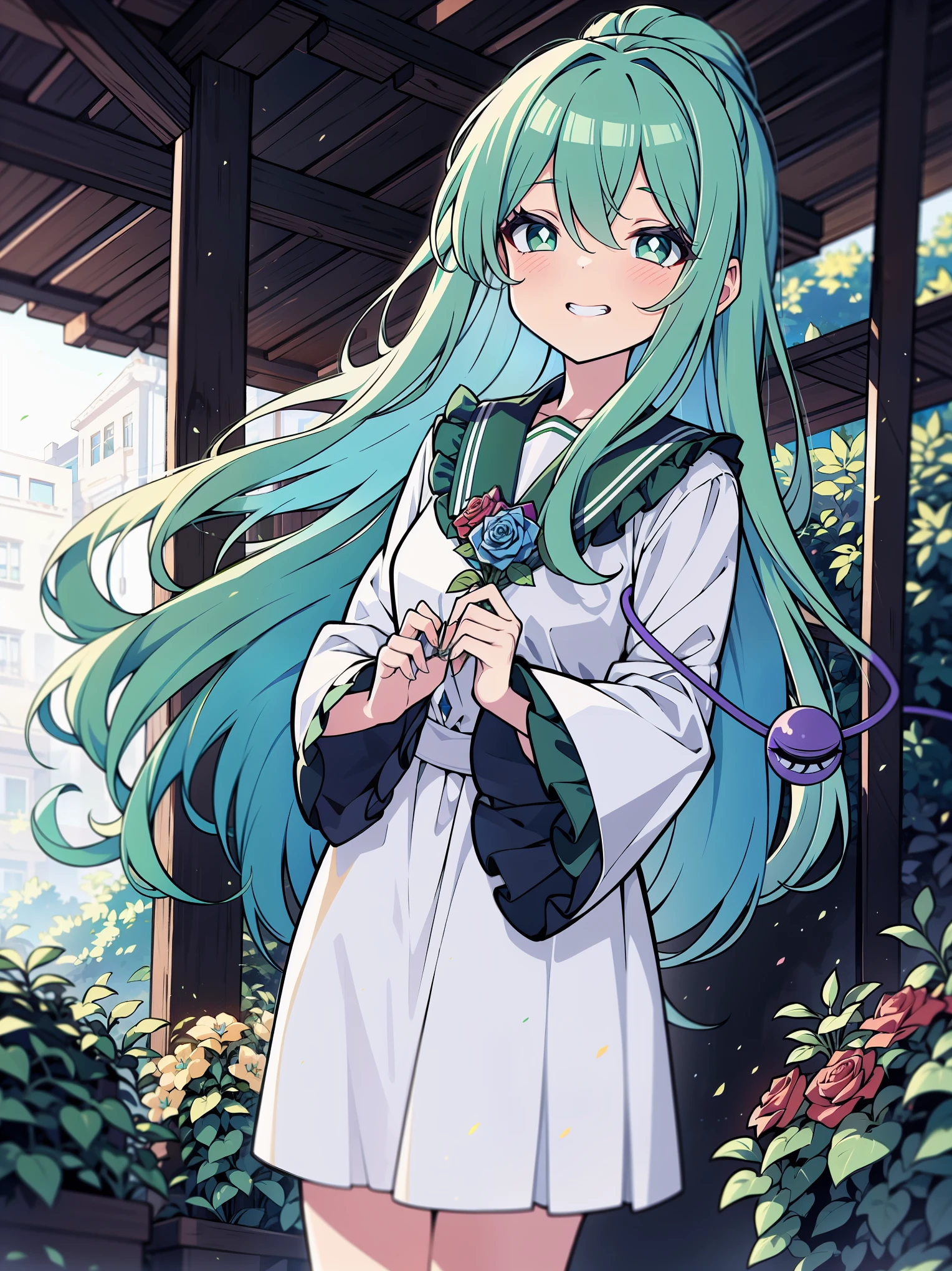 (Cowboy shot), (colorful:1.1), glowing, (ultra-high resolution, depth of field:1.2), looking at viewer, (komeiji koishi:1.1), (1woman), adult, Touhou project, medium breasts, (dark green eyes), white pupils, glowing eyes, green hair, wavy hair, (long hair), ponytail, (wearing a white summer dress:1.2). A closed blue-purplish "third eye" is positioned over her heart, with cords wrapped around her torso and attached to each of her ankles, (blue roses in the background), garden scenery, grinning, (squinting eyes)