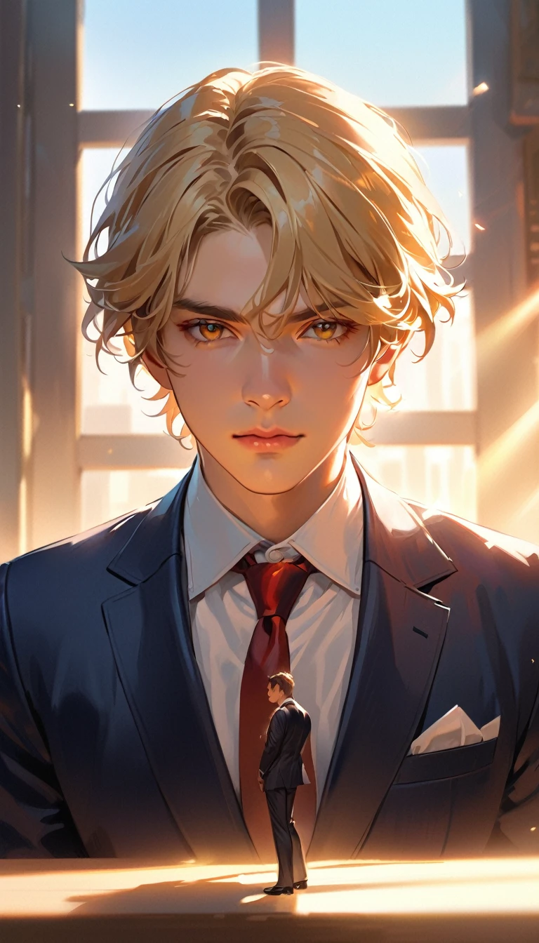 A blonde-haired boy with slightly wavy, soft, and glossy hair. He has golden eyes, large and expressive, with a calm and serious expression. He is wearing a student-like suit, consisting of a white shirt and a slightly disheveled red tie. The background depicts an indoor setting with warm light streaming in, and it is blurred to make the character stand out. The illustration should be highly detailed and realistic with excellent light depiction.