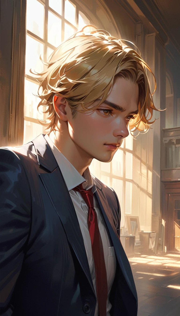 A blonde-haired boy with slightly wavy, soft, and glossy hair. He has golden eyes, large and expressive, with a calm and serious expression. He is wearing a student-like suit, consisting of a white shirt and a slightly disheveled red tie. The background depicts an indoor setting with warm light streaming in, and it is blurred to make the character stand out. The illustration should be highly detailed and realistic with excellent light depiction.