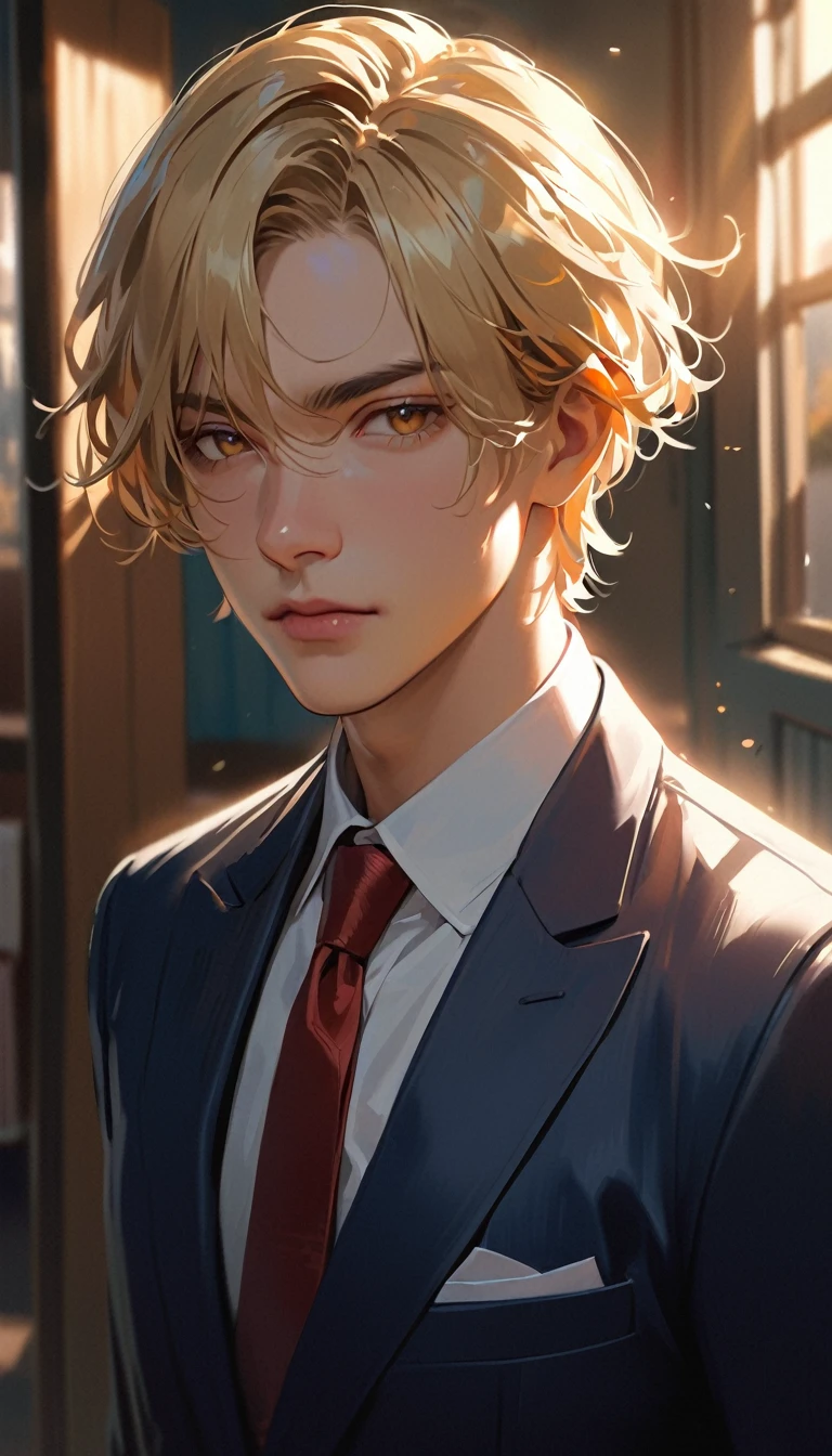 A blonde-haired boy with slightly wavy, soft, and glossy hair. He has golden eyes, large and expressive, with a calm and serious expression. He is wearing a student-like suit, consisting of a white shirt and a slightly disheveled red tie. The background depicts an indoor setting with warm light streaming in, and it is blurred to make the character stand out. The illustration should be highly detailed and realistic with excellent light depiction.