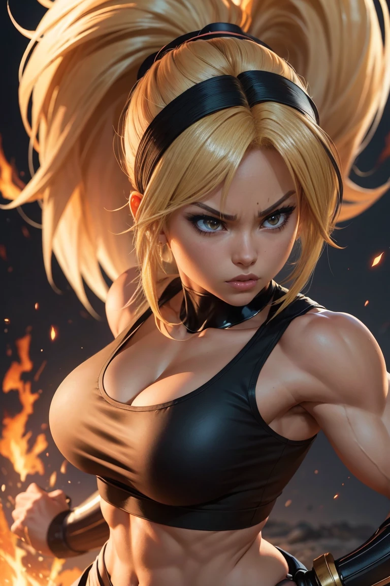 super saiyan, mulher, cabelo vermelho, olhando para o espectador, com raiva, pintura realista