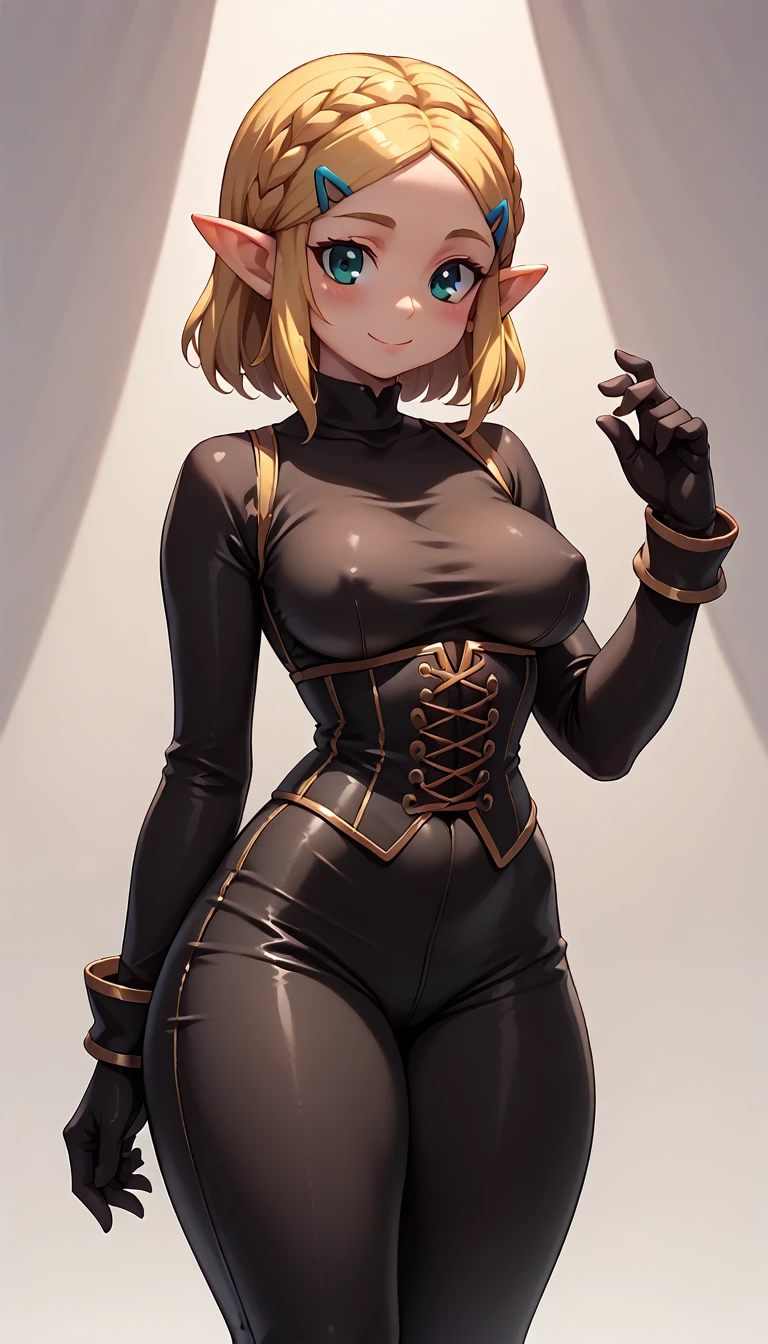 High resolution, Very detailed, perfect lighting, beautiful detailed eyes, ((masterpiece,Best Quality)), absurdities, alone, princess zelda, by the width, crown braid, Hair clip, pointy ears, corset azul, long sleeves, Gloves without fingers, black gloves, tight latex pants, smile, curves, nod, , deep neckline, deep neckline, NSFW, visible nipples, tight latex pants, Primer plano frontal, Primer plano frontal, Session