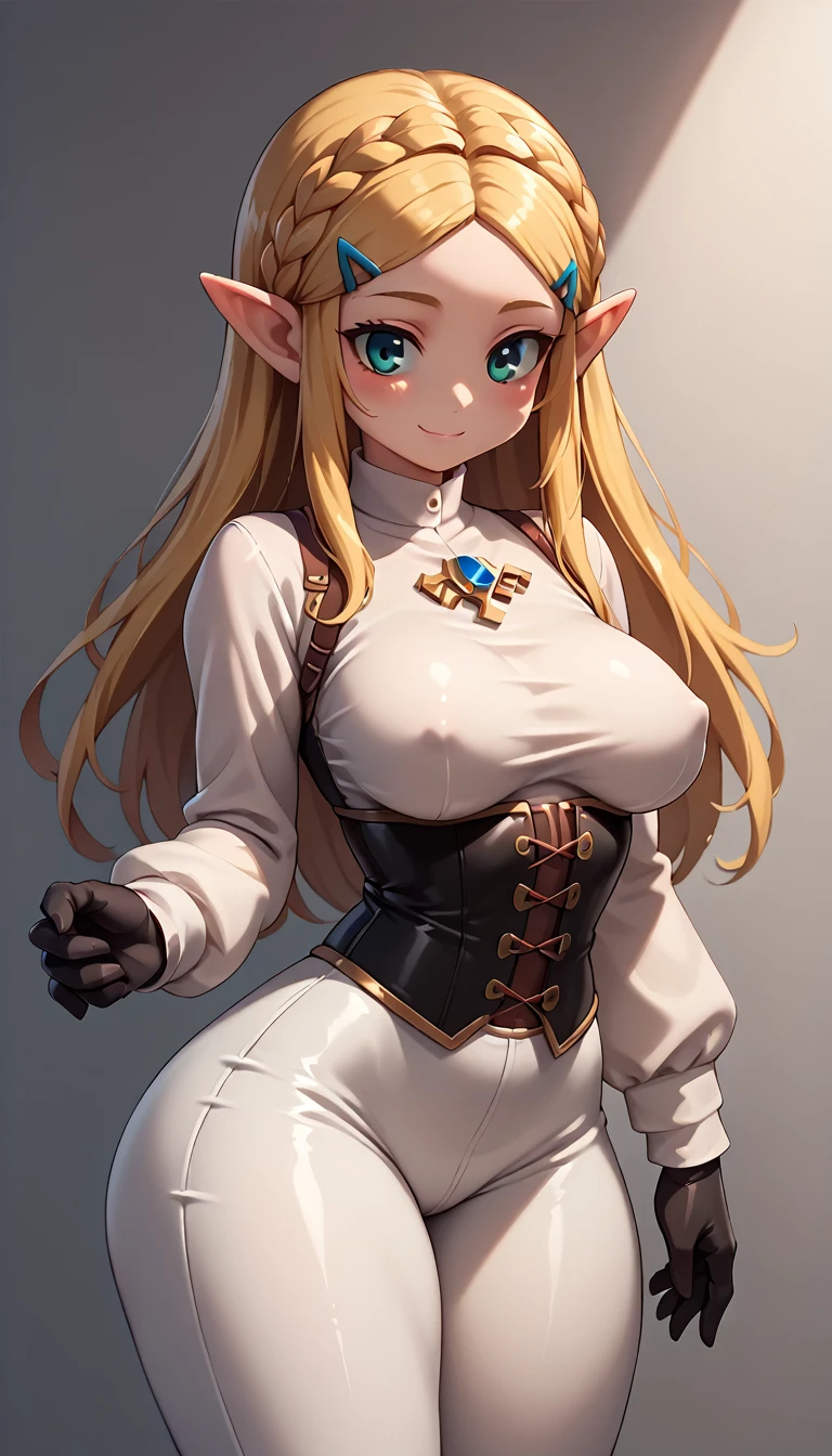 High resolution, Very detailed, perfect lighting, beautiful detailed eyes,   ((masterpiece,Best Quality)), absurdities, alone,     princess zelda, by the width, crown braid, Hair clip, pointy ears, corset azul, long sleeves, Gloves without fingers, black gloves, tight latex pants, smile, curves, nod,   ,  deep neckline, deep neckline, NSFW, visible nipples, tight latex pants, Primer plano frontal, Primer plano frontal, Session 