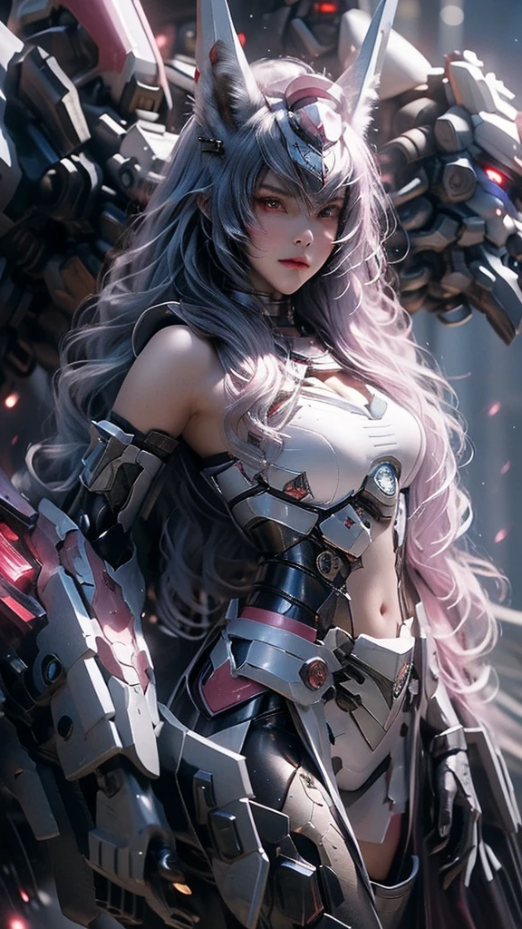(bright colors, Cinematic feel, Add details, extreme details, sharp focus), steel knife, The blade is long and curved, The sharp edges emit an icy blue light. Runes are engraved on the base of the sword, whole body (close up), (full black) Armed mecha wolf girl (luxury, bright, Noble Queen, war girl), Fair, Imperial sister, oriental girl, Express (domineering) condescending, Mecha Wolf Fang Helmet, shawl, 8k, attack action, eternal (feet spread), damaged (Urban),
