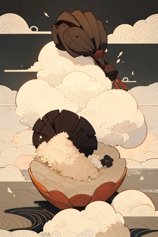 A picture of a cloud made of rice grains,Japanese painting,Katsushika Hokusai,looks delicious,For packaging rice crackers