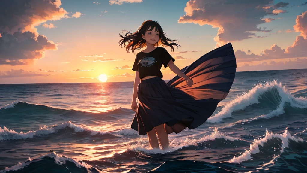 {best quality}, {very aesthetic}, {ultra-detailed}, {8k}, {Super elaborate face}, {Super-smart body}, {best illustration}, (((Midi Skirt))), Mature face, 20-year-old woman, (swim under the sea), (deep sea), Midsummer Seafloor, Ocean floor at dusk, smile, Sunset shining through the water, T-Shirts, Sand on the seabed, Soft Light, Coral Reef, full body view, flat chest, Orange sunset, Black Hair,