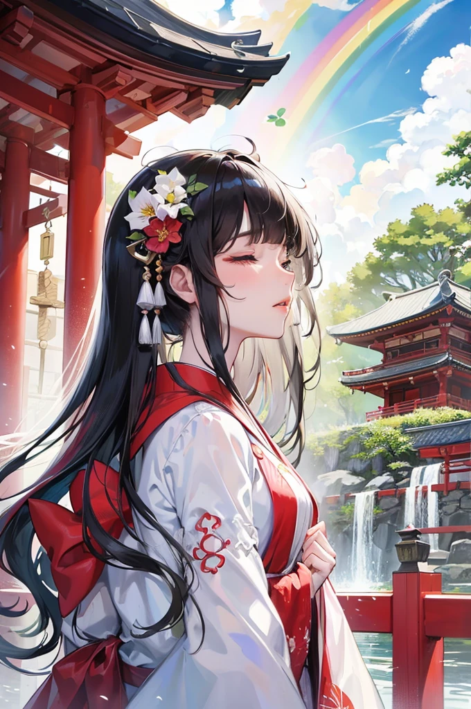 (profile beautiful style), (solo:2, 15 yo), (beautiful detailed blunt bangs:1.3) (beautiful detailed black hair, very long hair) (immensely shrine maiden girl, sexy closed eyes, glossy lip, looking sky, best Looks lonely face), in a detailed shrine maiden clothes with double exposure grow, break, in the Fukuoka Dazaifu Tenmangu Shrine, Large fountain with double exposure rainbow, BREAK, perfect anatomy, masterpiece, best quality, 16k, beautiful detailed love, daydreaming expression.