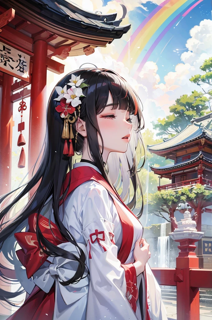 (profile beautiful style), (solo:2, 15 yo), (beautiful detailed blunt bangs:1.3) (beautiful detailed black hair, very long hair) (immensely shrine maiden girl, sexy closed eyes, glossy lip, looking sky, best Looks lonely face), in a detailed shrine maiden clothes with double exposure grow, break, in the Fukuoka Dazaifu Tenmangu Shrine, Large fountain with double exposure rainbow, BREAK, perfect anatomy, masterpiece, best quality, 16k, beautiful detailed love, daydreaming expression.