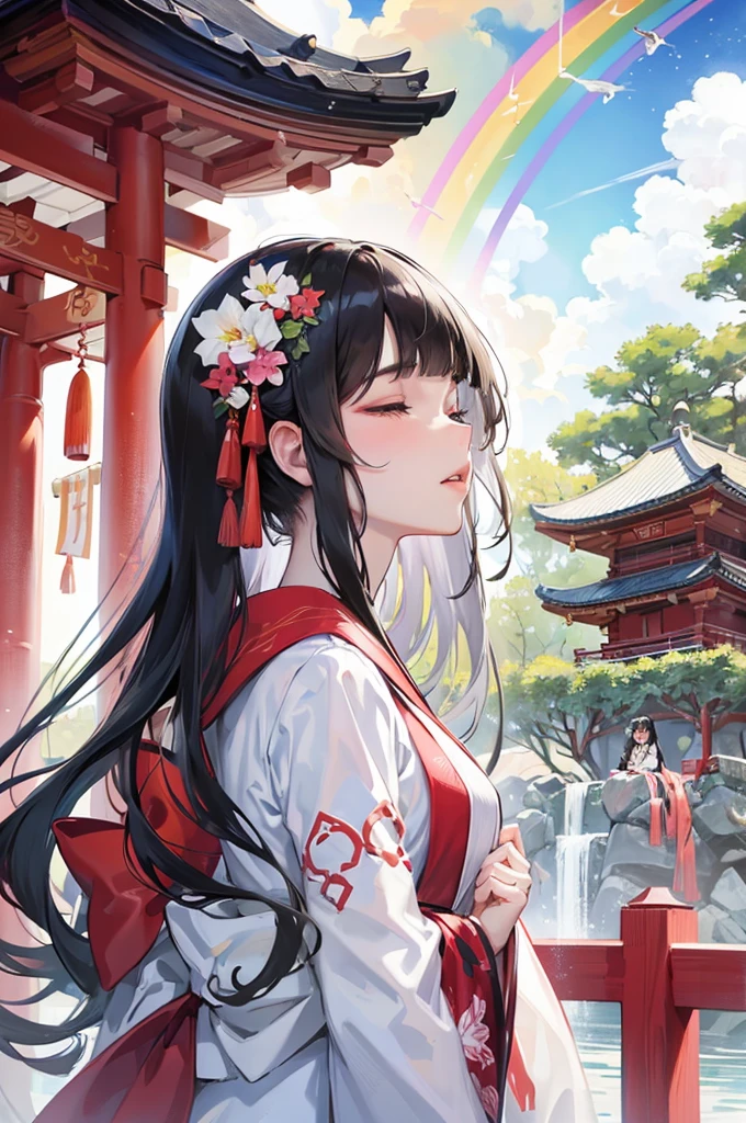 (profile beautiful style), (solo:2, 15 yo), (beautiful detailed blunt bangs:1.3) (beautiful detailed black hair, very long hair) (immensely shrine maiden girl, sexy closed eyes, glossy lip, looking sky, best Looks lonely face), in a detailed shrine maiden clothes with double exposure grow, break, in the Fukuoka Dazaifu Tenmangu Shrine, Large fountain with double exposure rainbow, BREAK, perfect anatomy, masterpiece, best quality, 16k, beautiful detailed love, daydreaming expression.