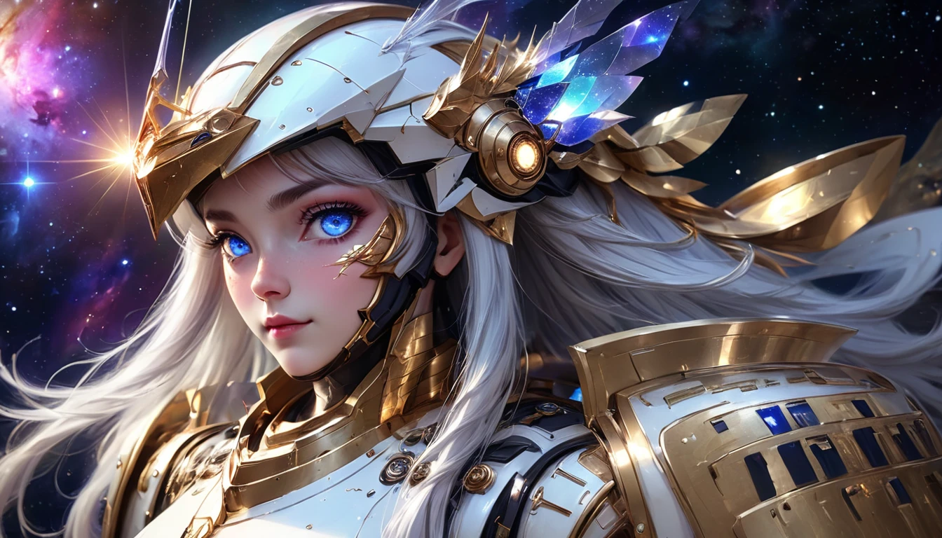 Inhabitants of the Orion Nebula on their planet, in the form of a woman and a man with pearly skin, in light cosmic attire of white and gold colors, blue glowing eyes, white shining hair, friendly, with a celestial gaze, realistic, 4k.