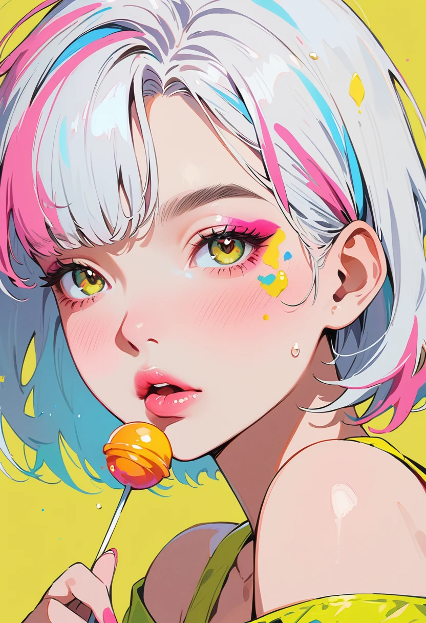 (masterpiece, Highest quality:1.4), 1 girl, solo, Anime Style, colorful students, Blurred vision, Eat lollipops, Pink lower lip, Cyberpunk makeup, Silver asymmetrical short hair, Asymmetrical short hairstyles, Long bangs on one side, Color Highlights, Black off-the-shoulder leather jacket, Pure Yellow Background.