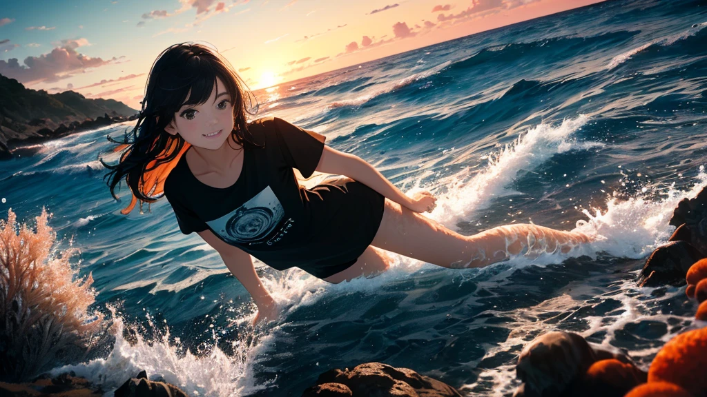 {best quality}, {very aesthetic}, {ultra-detailed}, {8k}, {Super elaborate face}, {Super-smart body}, {best illustration}, Mature face, 20-year-old woman, (swim under the sea), (deep sea), Midsummer Seafloor, Ocean floor at dusk, smile, Sunset shining through the water, T-Shirts, Sand on the seabed, Soft Light, Coral Reef, full body view, flat chest, Orange sunset, Black Hair,