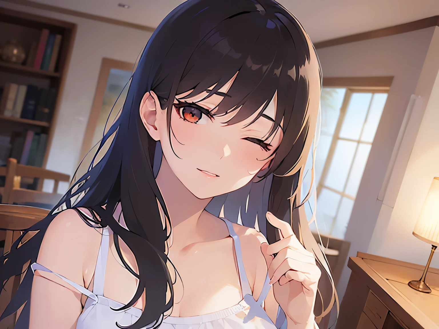 Detailed CG,Ultra-fine illustrations,masterpiece,Highest quality,BREAK(white:1.5)and(camisole)BREAK,Realistic,Real person,RAW Photos,Realistic(青whiteい肌:1.2),Glowing Skin,Shiny Hair,(A 27-year-old woman with medium-length hair and bangs)and(Wavy Hair)and(Brown Hair)and(Orange eyes),(sleepy:1.5),(half closed eyes:1.5),(one eye closed),(Biologically correct5Finger),The background is the living room,alone