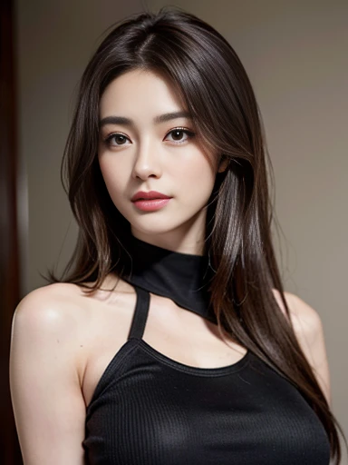 masterpiece, Highest quality, Very detailed, 複雑に詳細なSuper detailed, Realistic, Sharp features, Very detailed, Sharp focus, (18-year-old:1.3), Perfect Face, Perfect symmetrical eyes, Perfect Plump Lips, Super detailed, hyper Realistic, High resolution, Fashion Model, thin, Japanese Idols, Brown Hair, stylish, Realistic, PhotoRealistic:1.3, Beautiful Face, light Brown Hair, Messy Hair, Beautiful hairstyle, Dress neatly, (smile), (A tight fitting black top:1.2),