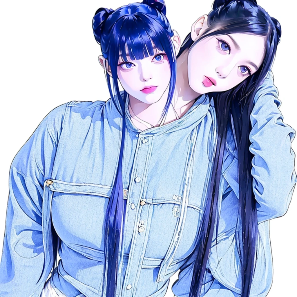 masterpiece, best quality, ((pure white background)), standing, (dark blue hair bun) ,cold face, full body, Denim jacket, white T-shirt, casual pants, (Fashionable clothing), happy, light effect, soft, super clear, high-definition picture, (front), purple eyes, blunt bangs, hinata/(boruto/)