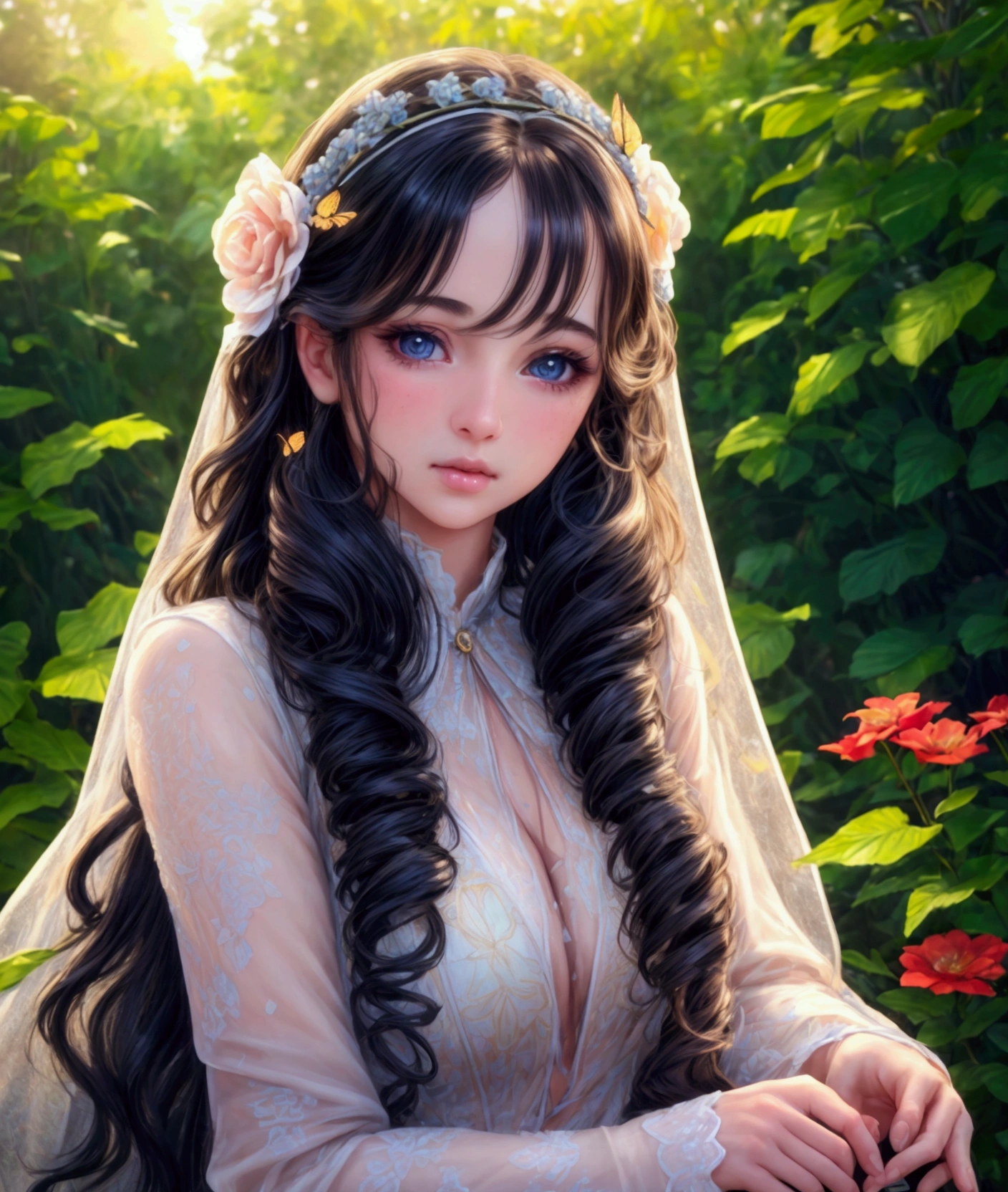 beautiful detailed girl, cute girl, 1girl, beautiful detailed eyes, beautiful detailed lips, extremely detailed face and eyes, long eyelashes, long hair, curly hair, wavy hair, detailed hair strands, soft skin, porcelain skin, detailed skin texture, , delicate, adorable, innocent, sweet expression, (best quality,4k,8k,highres,masterpiece:1.2),ultra-detailed,(realistic,photorealistic,photo-realistic:1.37),vibrant colors,warm lighting,natural lighting,soft focus,detailed background,garden background,flowers,butterflies