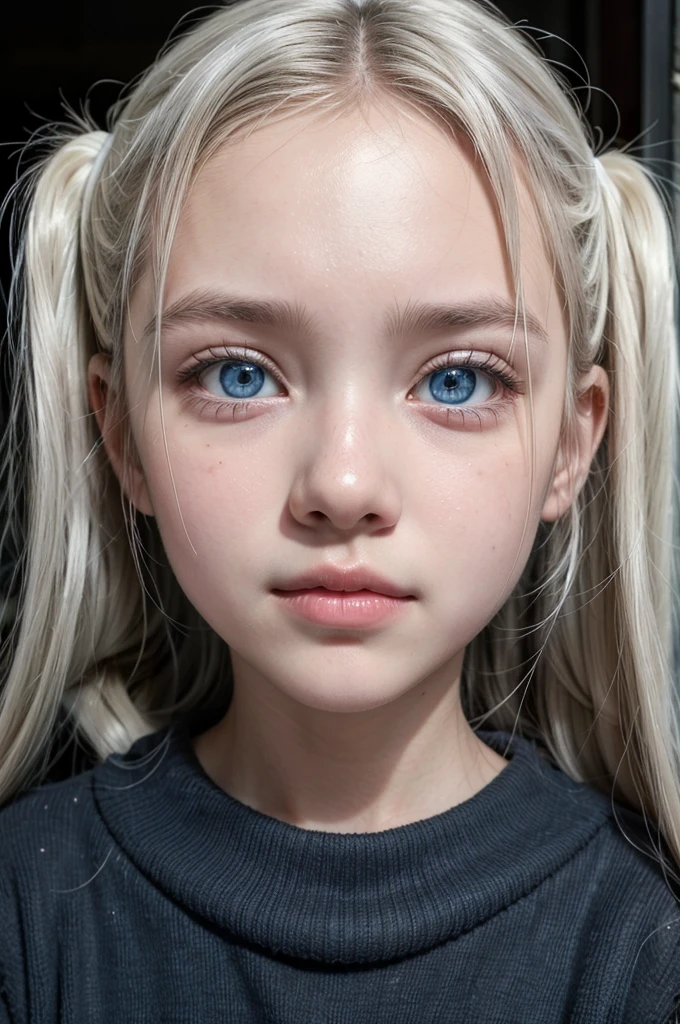 White-skinned girl, front teeth that are a little large and separated, and half black and half white hair, brown eyes is cute and blue clothes