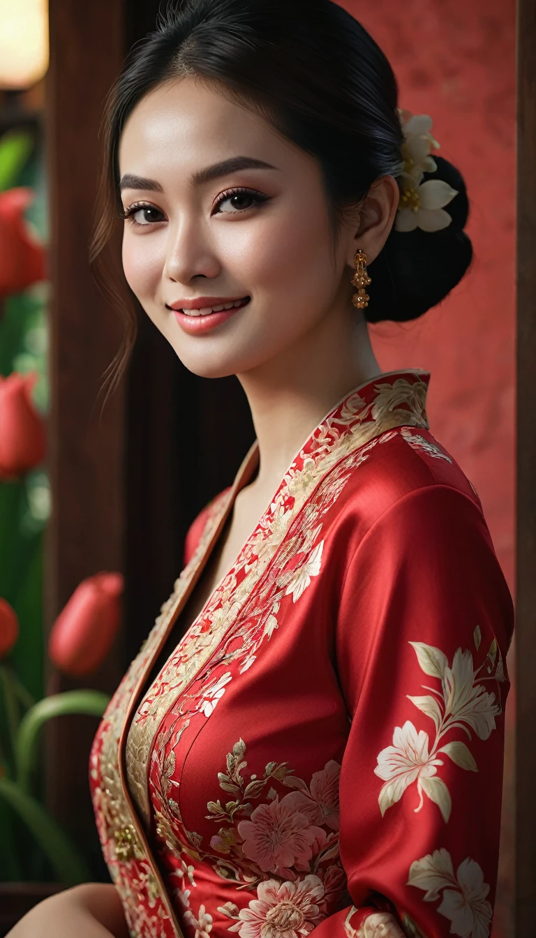 hyper ultra realistic photography, hyper ultra maximalism, sharp, focused and very detailed. 1girl, red kebaya, indonesia style, beautiful, perfect, sexy, enchanting, photo art, (flower), stunning photo with beautiful saturation, very high resolution,(realistic:1.4)), deep shadows,(best quality, masterpiece), pale skin, low lighting, shaded, confused, blush, highly detailed, thin, depth of field BREAK, film grain, wrinkled skin, looking at viewer, knees, warm smile, (upper body), masterpiece, highly realistic, 32k, wallpaper Highly detailed 8k unity CG, top quality