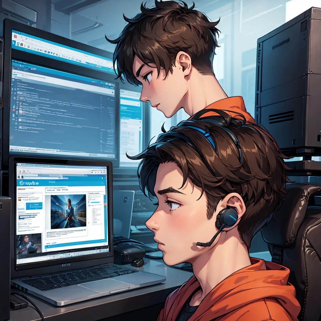 boy in profile using computer with headset