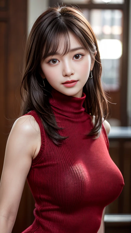 photography of a brightly sangmi nam who is korean actress,masterpiece,photorealistic,analog,realism,korean idol,slim leg, long_brown_hair,1 girl, very bright backlighting, solo, {beautiful and detailed eyes}, large breasts,calm expression, natural and soft light,delicate facial features, Blunt bangs, beautiful korean girl, eye smile, very small earrings,(wearing a long red tight sleeveless knit turtleneck dress:1.5),long hair,drawn action:(The girl must be standing in a model pose:1.3),23yo, film grain, realhands,shy smile,(upper body shot:1.6)