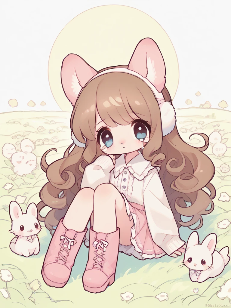 score_9, score_8_up, score_7_up, score_6_up, score_5_up, score_4_up, source_anime, rating_safe,

1girwhite background,looking at viewer, long pastel brown hair,white bows,curly hair,white earmuffs,pastel blue eyes and eyelashes,fluffy pastel pink skirt with white fluff,pastel pink boots with fluff,pink fluffy top,crying,nighttime,sitting on grassy hill,moon,