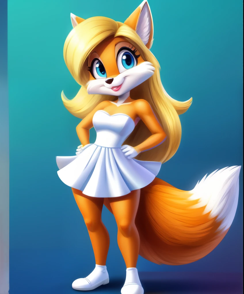 Josie the female fox, light blue eyes, white heart shaped strapless dress, pink lipstick, blonde long hair, full body view, pose, tiny toons style