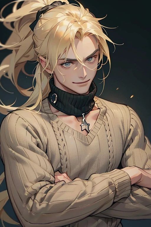 ember, Guy, slim physique, ah high, A young, longue blonde hair, hair in a ponytail, gray eyes, higly detailed, Gloomy, Russian, Senior, wrinkles, Without bristles, ssmile, Green sweater, loose sweater, Without Collar, no jacket, A big smile
