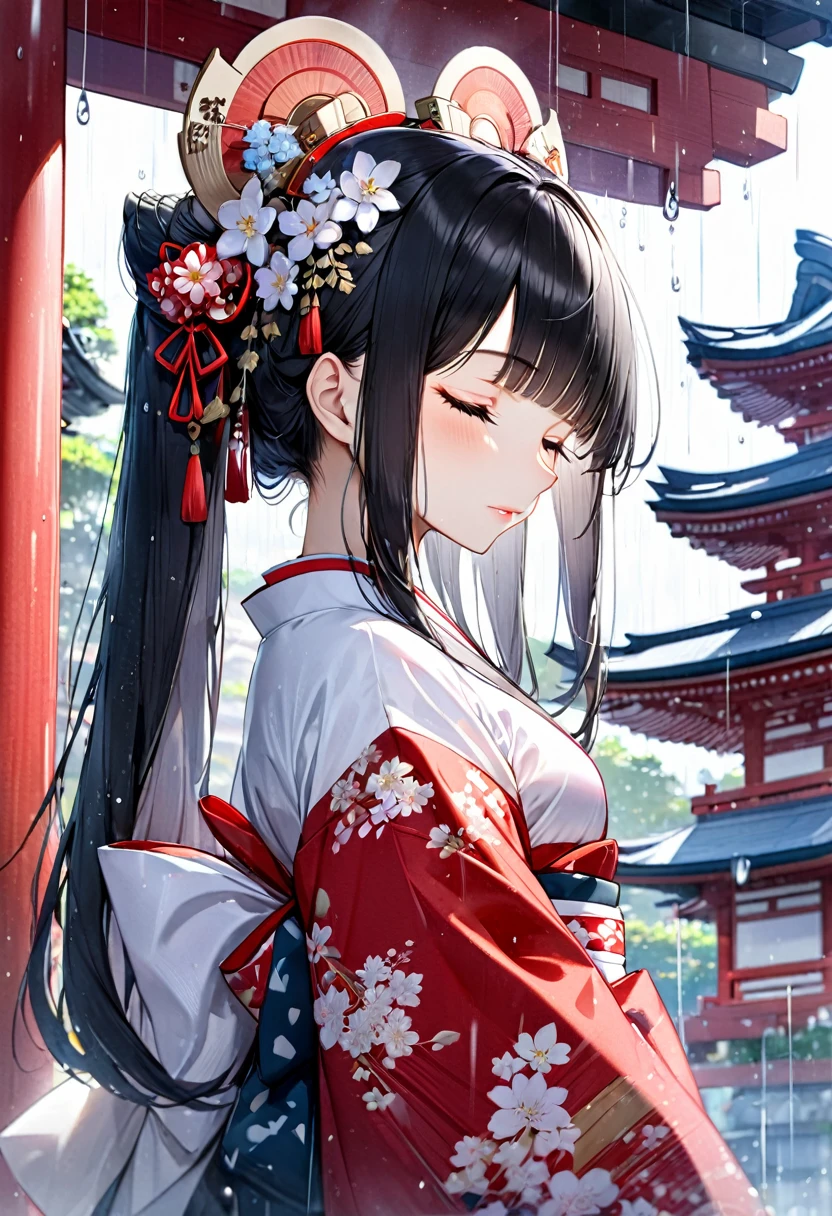 (profile beautiful style), (solo:2, 15 yo), (beautiful detailed blunt bangs:1.3) (beautiful detailed black hair, very long hair) (immensely shrine maiden girl, sexy closed eyes, glossy lip, looking sky, best Looks lonely face), in a detailed shrine maiden clothes with double exposure grow, break, in the Fukuoka Dazaifu Tenmangu Shrine, Large fountain with double exposure rain, BREAK, perfect ???????, masterpiece, best quality, 16k, beautiful detailed love, daydreaming expression.