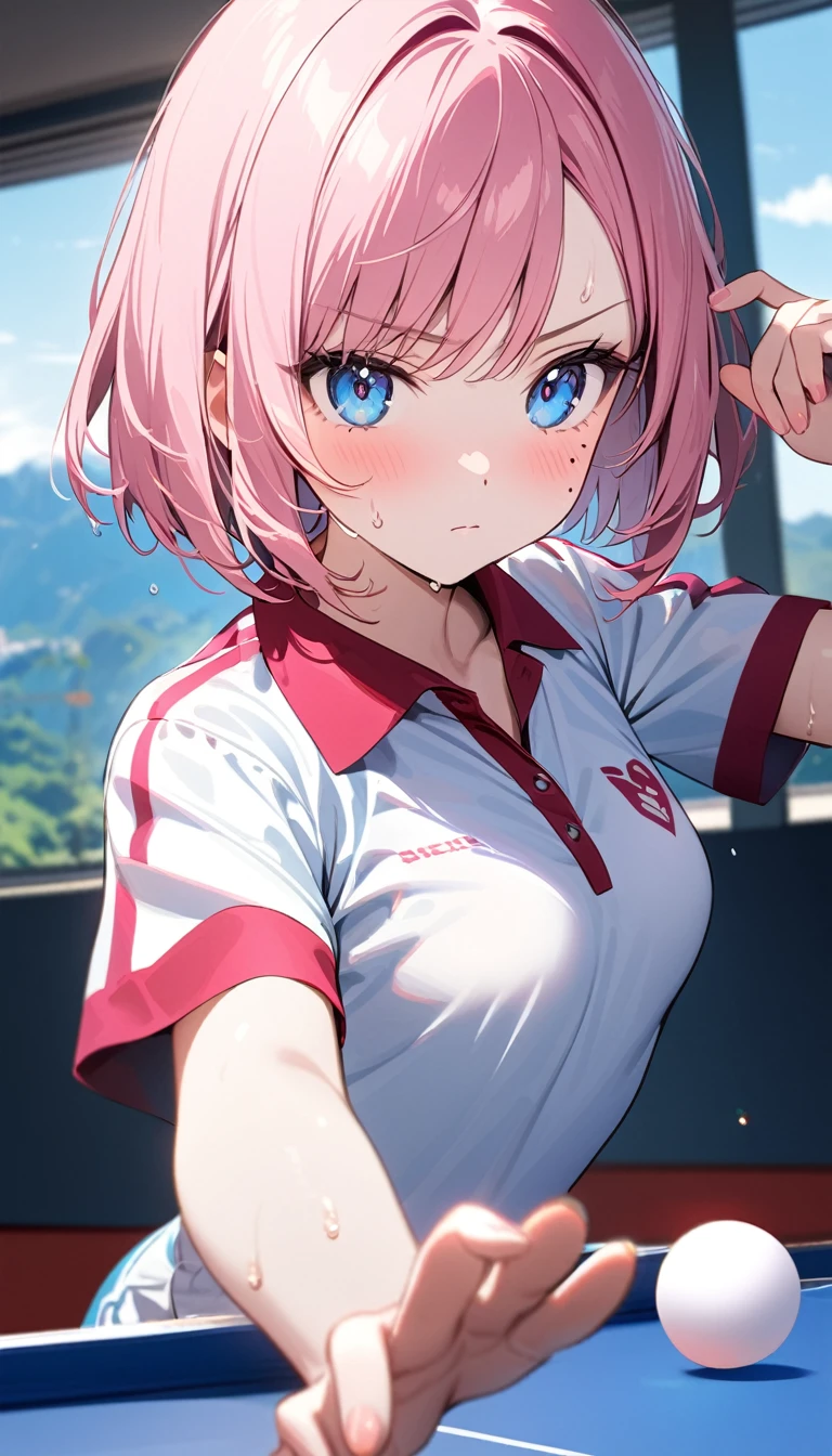 (1 girl),(Best Picture Quality, 8K, Masterpiece:1.3), (high school student:1.5), ((pink lob hair:1.1)), (bob cut),(swept bangs), (cute eyes, pupil black, iris skyblue, youthful face), (mole under right eye), (standard weight), (small breasts),(big hip), (glistening skin:1.2),(pale skin:1.2),(serious:1.3), (play table tennis:1.2), (table tennis racket), (table tennis uniform),(small Ping pong ball in the palm of your hand), (dynamic moving,:1.2),(Uplifting)
,(sweat:1.1),(magnificent view)