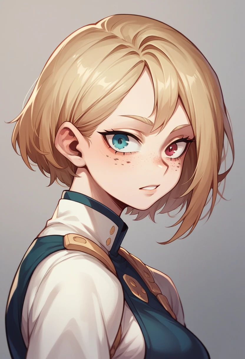 Make me a character from My Hero Academia who is a girl with white skin who has heterochromia,freckles and have short brown Chinese hair