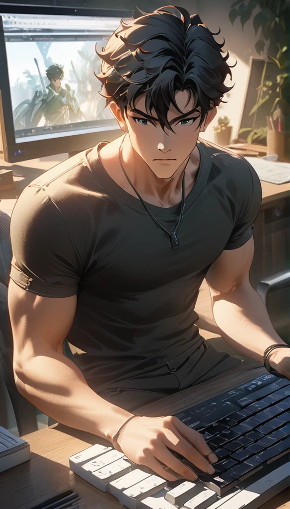 anime boy sitting at desk, cute boy, holding and keyboard, ((Xin Haicheng)), studio brisk Xin Haicheng, Gouves style artwork, Xin Haicheng. digital rendering, Digital animation illustration, plan, Xin Haicheng art style, Xin Haicheng style, Xin Haicheng!