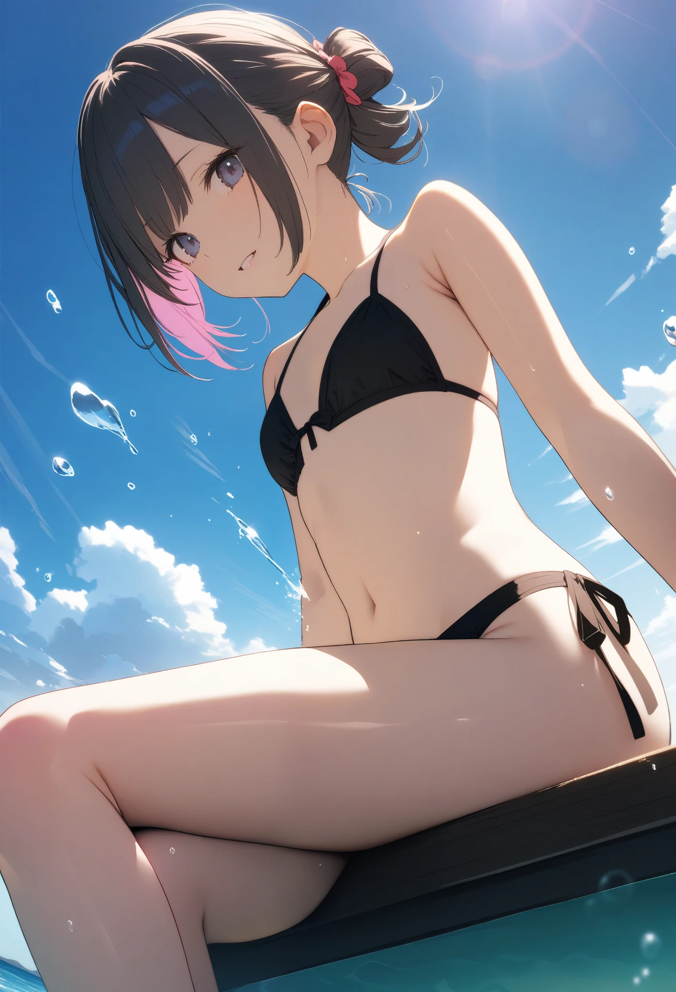 One , ((Cute Bikini))、(Inner color hairstyle), Beautiful Hair, Facial Contour, Remember, Ocean, sunlight、splash, Lens flare,, Natural Color, High resolution, Very delicate, Very detailed, 8k,(There is a slight swelling of the breasts,About B cup)、Shyness,((Sexual)),((Sexy feeling))、Sitting、View angle from below