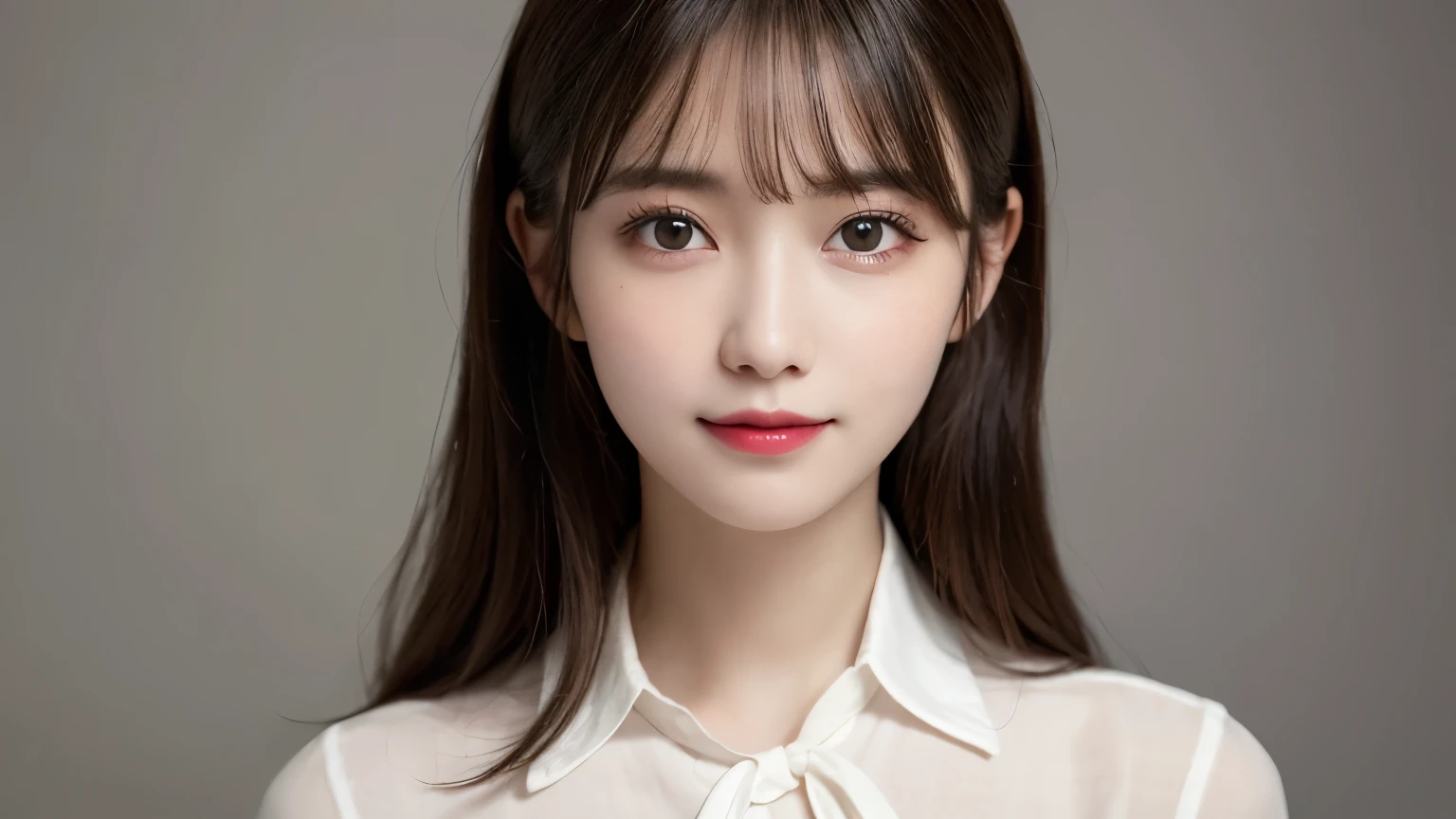 white background, bust up photo, Shows everything from the top of the head to the bust, looks happy, highest quality, shape, Super detailed, finely, High resolution, 8k wallpaper, Perfect dynamic shape, beautiful and detailed eyes, D cup, natural color lip,smile、20 year old girl, Beautiful and dense face、perfect and beautiful face,Big eyes、real photos（best image quality）, blouse (off white)、looking at camera、Please stand、Do gal makeup