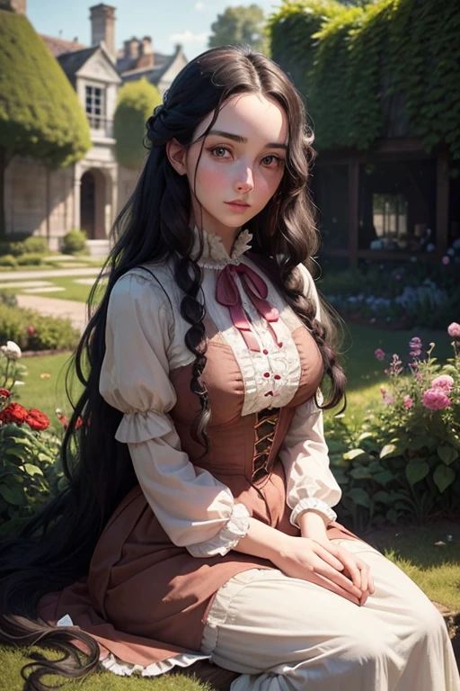 1 18th century woman, long black curly hair, skin detailed, pore, emerald green eyes, sunburned red cheeks, slightly pink plump lips, sitting in a garden wearing an 18th century dress