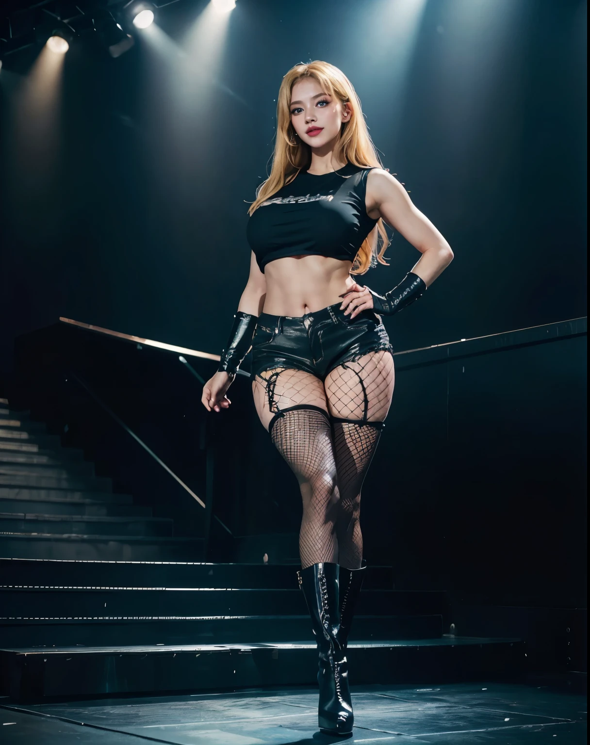 1girl, (Blue Eyes), (smiling :1.2), (Sana Minatozaki), (beautiful black makeup), wide hips, (big tits :1.2), (big ass), (Best Quality, 8k, Masterpiece: 1.3), Clear Focus: 1.2, Perfect Body Beauty: 1.4, (strong abs), Highly detailed face and skin texture, detailed eyes, double eyelids, red lips, (long blonde hair :1.2), (black t-shirt), (short jeans :1.2), (short high-heeled boots :1.2), (fishnet stocking on one leg :1.3), standing, dynamic pose, in a stadium, on a stage, music concert, colored lights