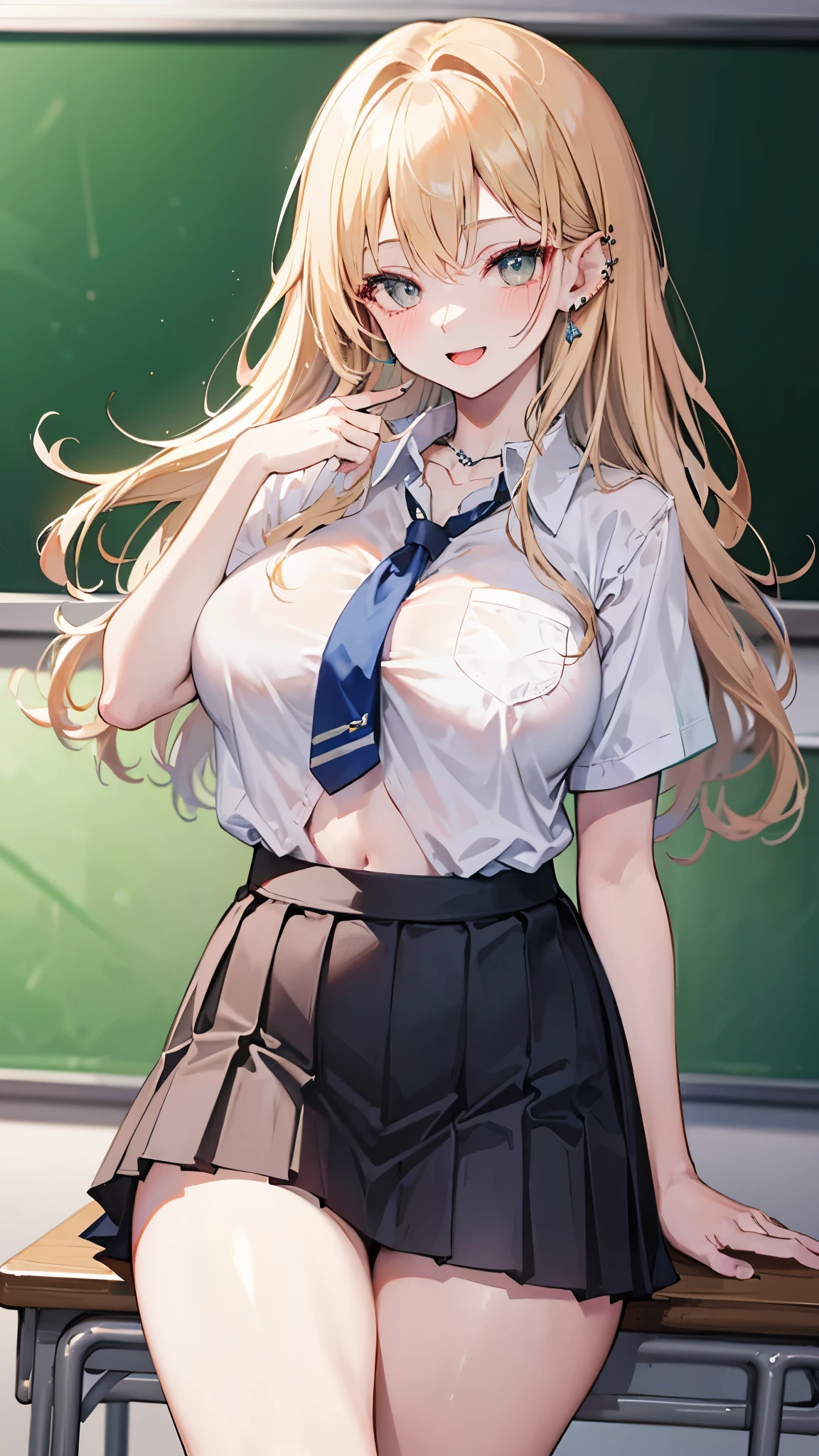 (masterpiece、Highest quality、Very detailed))、One girl、gyaru、Blonde、Long Hair、Wavy Hair、Grey Eyes、evil smile、((open mouth))、((lots of piercing))、((Large Breasts))、((White collared shirt))、Short sleeve、necklace、bra、Tie your shirt under your chest、belly button、((Black pleated skirt))、((miniskirt))、((Thick waist))、thighs、Cowboy Shot、Classroom Background
