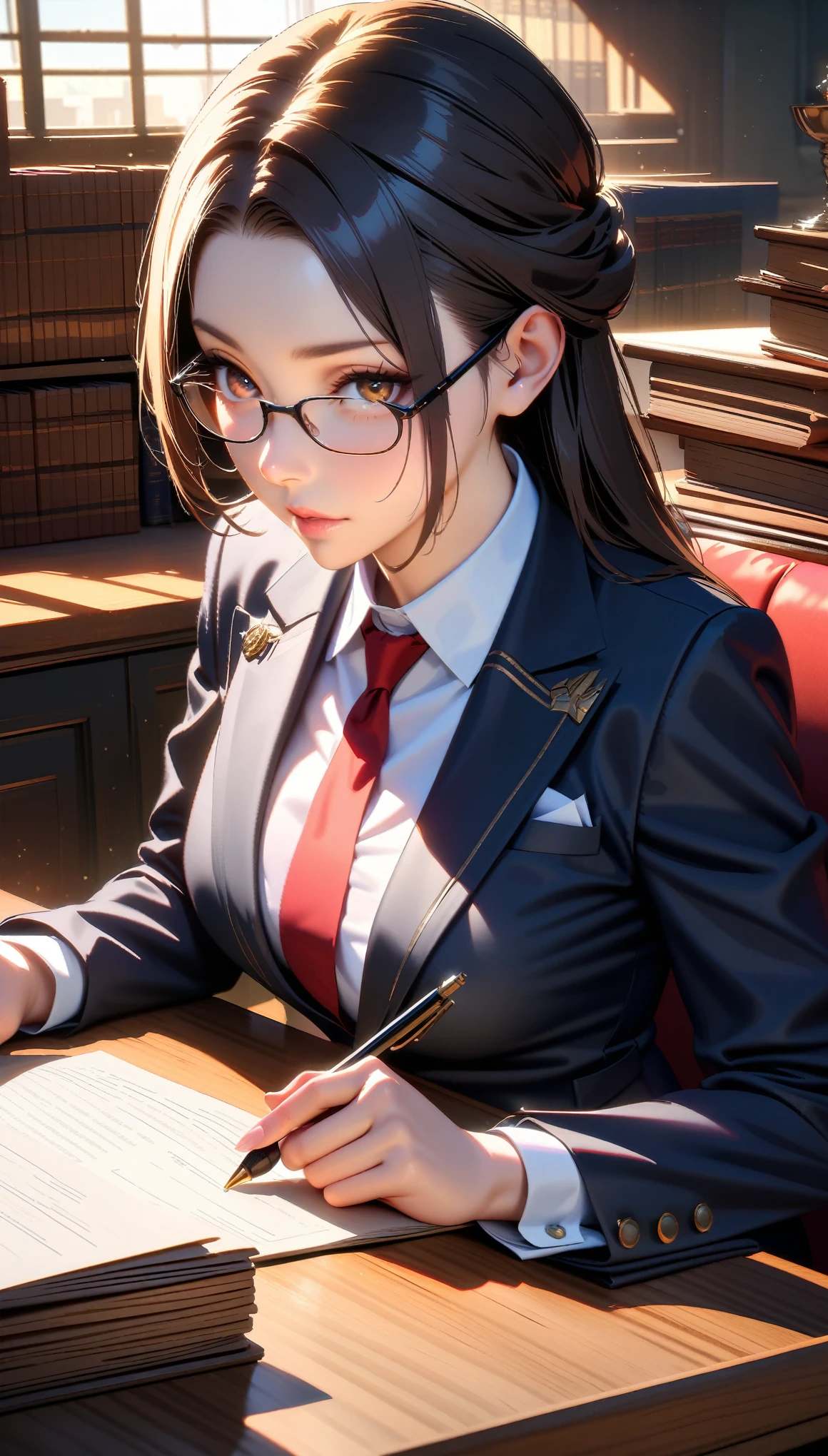 Masterpiece, Best Quality, Super Detailed, High Definition, HDR, Realistic, Depth, Fine Texture, Super Fine, Complete concentration, distinguished female lawyer, beautiful woman, professional attire, wearing glasses, calm and composed expression, long straight hair, elegant hairstyle, sharp features, serious eyes, sitting at a wooden desk, holding a pen, stacks of legal documents, bookshelf filled with law books in the background, formal suit with skirt, polished high heels, elegant watch, soft light and shadow, beautiful detailed eyes, extremely detailed face, white and navy blue color scheme, professional office setting, cinematic light, vibrant colors, ultra-detailed, intricate details, volumetric lighting, lens flare, professional portrait, sophisticated, luxurious, atmospheric lighting.
