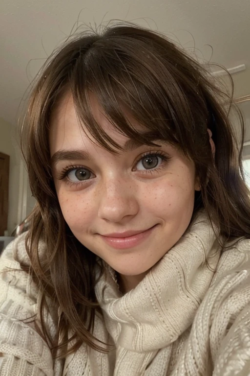 1girl. Realistic. ULTRA realistic. 1girl. looking at camera, close up angle. Brown hazelnut hair, shoulder length, with bangs. Very puffy full hair, ‘wild’ style, messy. light brown eyes. Cute BUT- also, more so cheeky/grin. cute nose. a bit freckles. But also sharp face. Slim, but also a fairly strong girl. Wearing a cute white wooly sweater, and thick plaid/tartan trousers. Scene is just chilling- maybe on bed. Very close up angle.