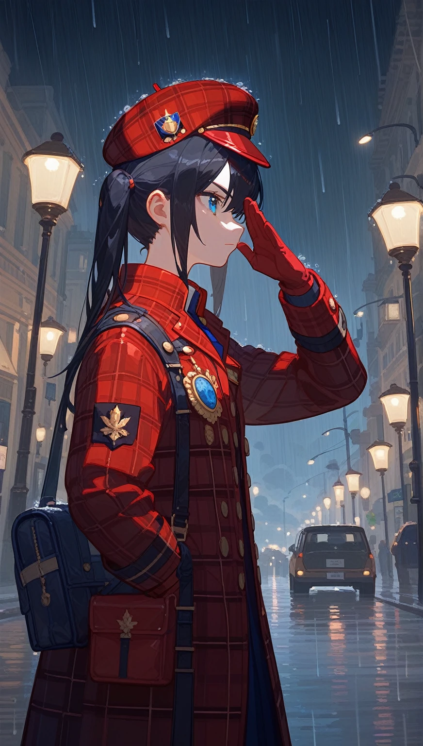 1Young girl,Black twin ponytails,Blue Eyes,Crimson beret,Dark red plaid trench coat,Gold-plated sapphire brooch,salute,Gloves,Black Silk,European style architectural background,rain,dark clouds,Beautiful light and shadow,Street Lights,((Black hair)),Stand up straight,serious,Profile