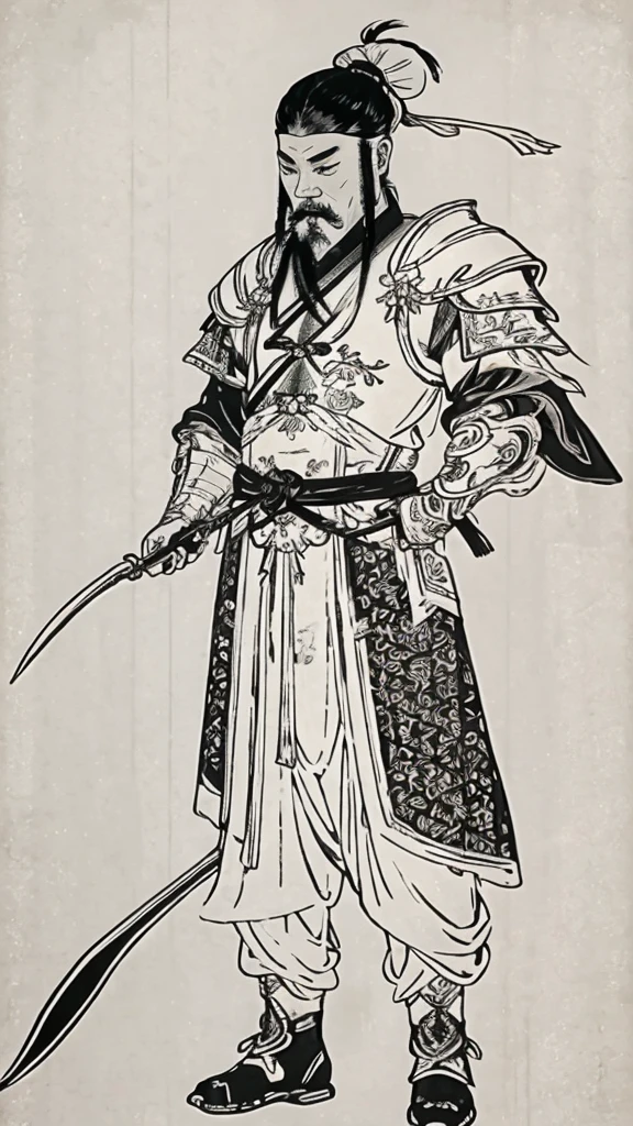 (((Monochrome)))、(((Ink Painting)))、((Ancient Chinese man with bun hairstyle wearing white swimming cap))、He held a gun in his right hand、Line art、Oriental、Ultra-high resolution、Game Poster、Crisp and beautiful image quality、whole body ,(Ancient Chinese armor, Dragon head on shoulder, (Ancient Chinese armor with intricate pattern:1.2), gloves, Long trousers, (Very detailed, bloom:1.5), (Highest quality, Concept Art, 4K), (analog:1.2), (high sharpness), (Detailed pupil:1.1), Detailed face and eyes, masterpiece, Highest quality,8k,  (Black Hair, Dynamic Short Hair), (PurerosFace_v1:0.2), [:(Detailed face:1.2):0.2], sharp, Realistic Shadows, With a weapon in his hand、