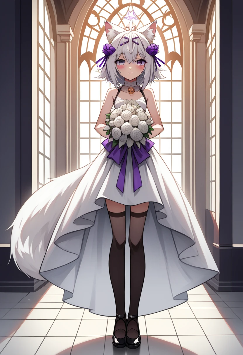 UHD, masterpiece, best quality, natural lighting, church, in front of the altar, flower petals scattered, 1girl, solo, Filian, ((fox tail)), ((small cat ears)), white hair, short hair, ahoge, hairclip, hair bell, deep purple eyes, ((dark purple eyes)), blush, seductive smile, black color wedding dress(a-line style), ((black wedding dress), black stockings, black shoes with heals, slim arms, slim legs, Eye-Level Shot, holding bridal bouquet with purple ribbon ,full body pose, innocent pose