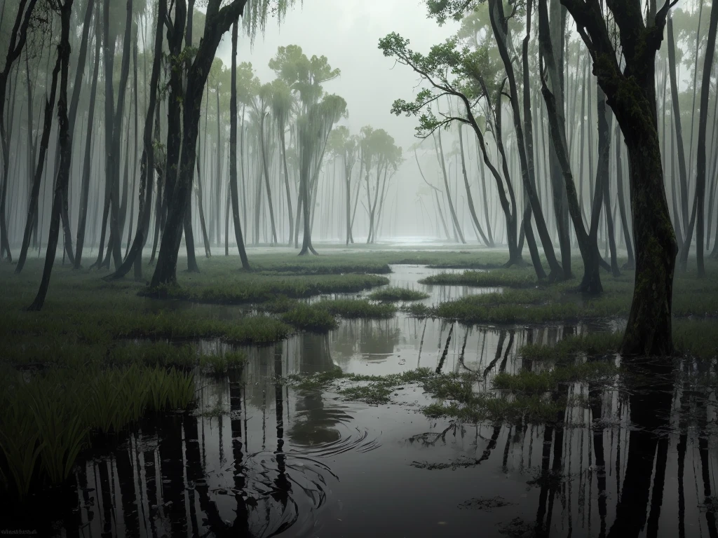 there is a swamp with a lot of trees and water, flooded swamp, overgrown swamp, swamp forest, swamp land, swamp, realistic wood swamp, dangerous swamp, stagnant water, dark swamp, in a swamp, swamp landscape, radioactive swamp, swampy atmosphere, dark green water, green water, harmony of swamp, on a dark swampy bsttlefield